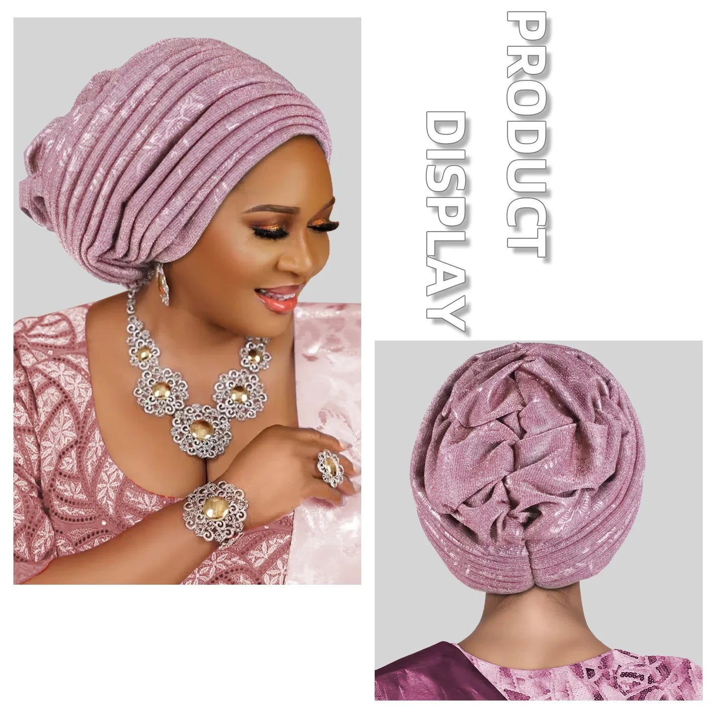 African Lady Headpiece Muslim Headscarf Hat Glitter Fabric Turban Cap for Women Pleated Head Wraps Bonnet