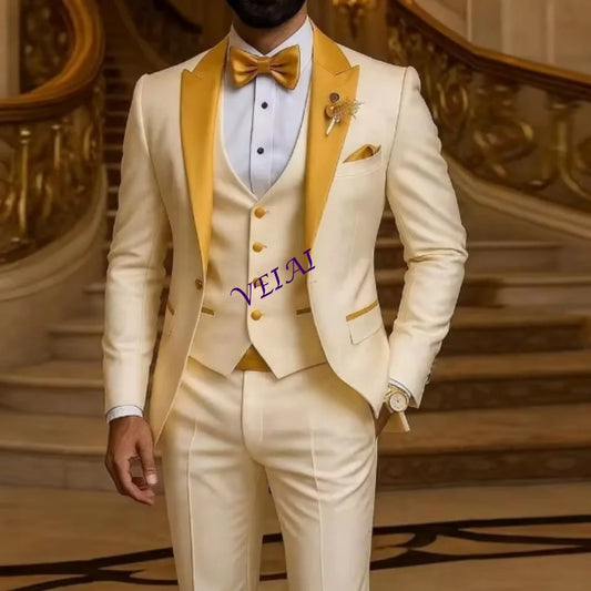 CustomizedGold Collar Ivory Men Suit Wedding Party Formal Groom Groomsman Prom Business Male Tuxedos 3 Piece Set Jacket Vest Pan