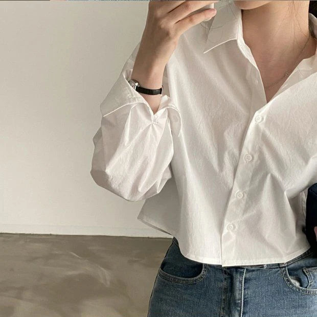 Zadily White Casual Long Sleeve Crop Top Blouse Korea Style Women Spring 2023