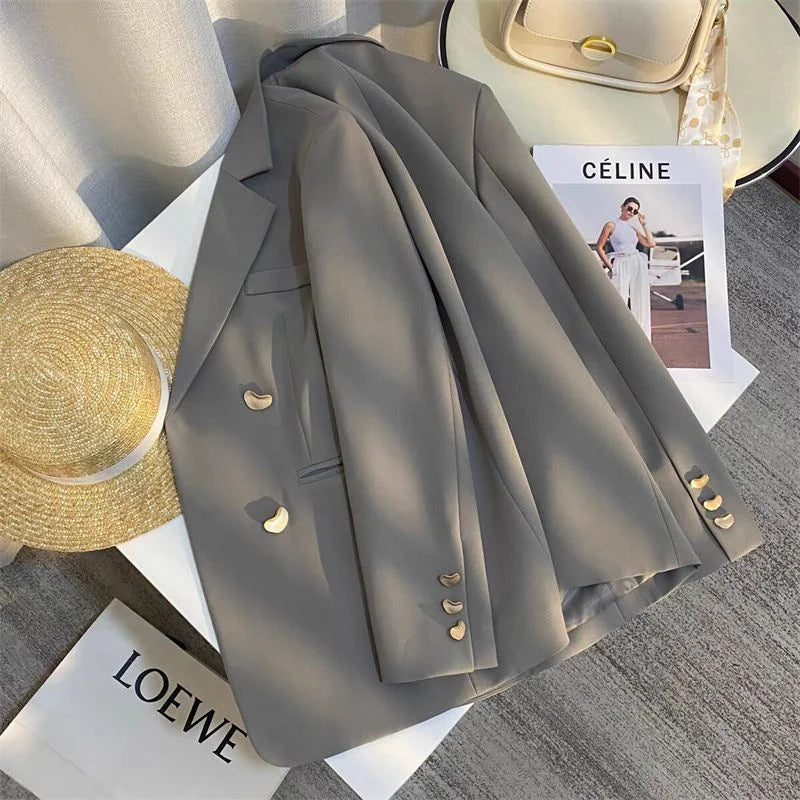 Vintage Double-breasted Blazers Jacket Women Elegant Temperament Metal Buttons Blazer Coat Ladies Long Sleeve Black Outerwear