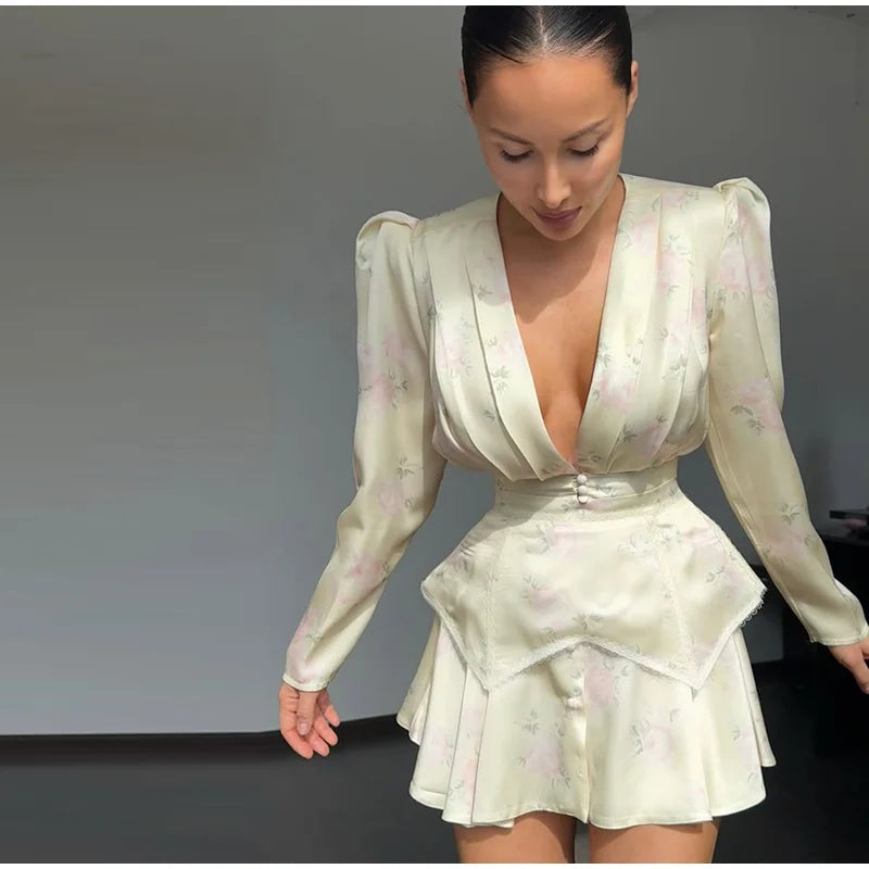 Elegant Women's Printed Waistband Short Dress Deep V-neck Long Puff Sleeve Pleated Dresses 2026 Summer Lady Holiday Party Robe