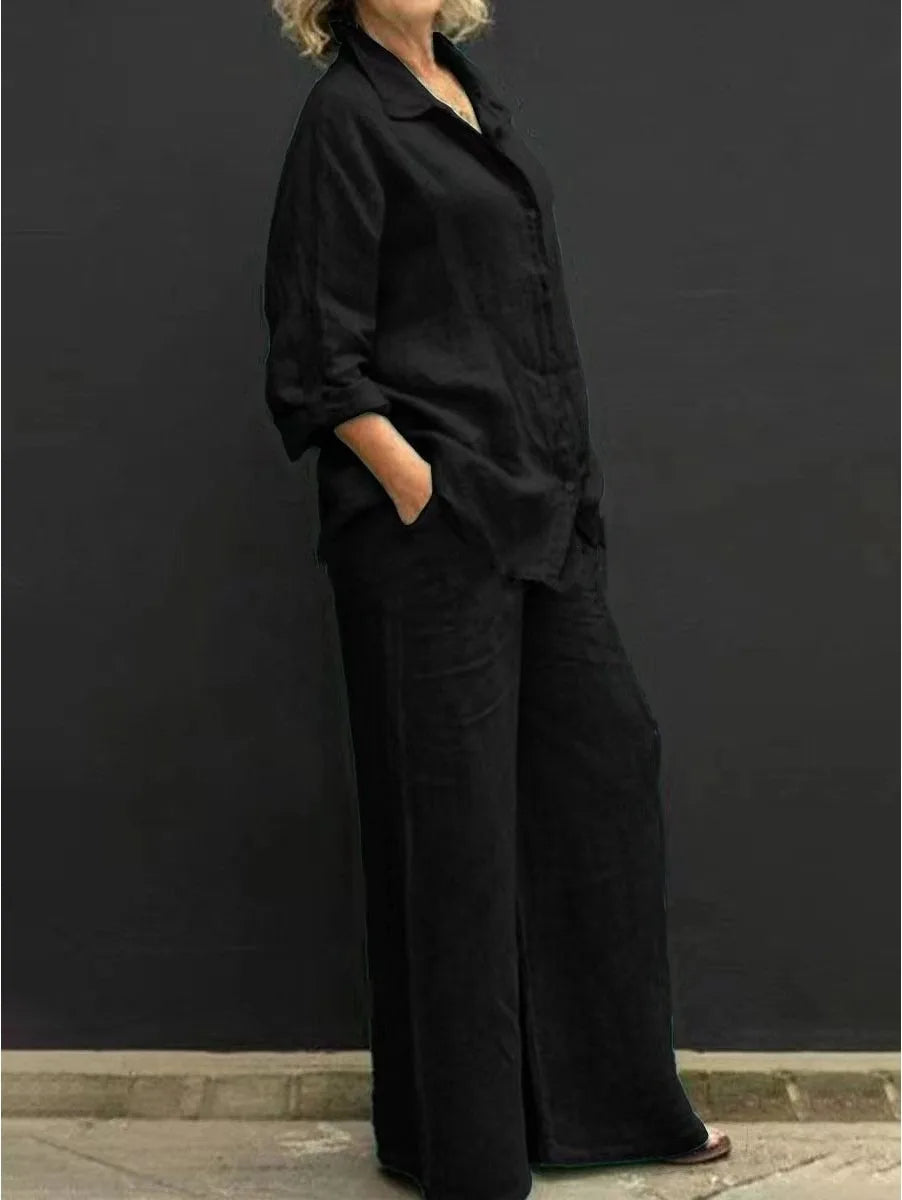 Spring Summer Women Lapel Long Sleeve Shirt High Waist Wide Leg Pants Set