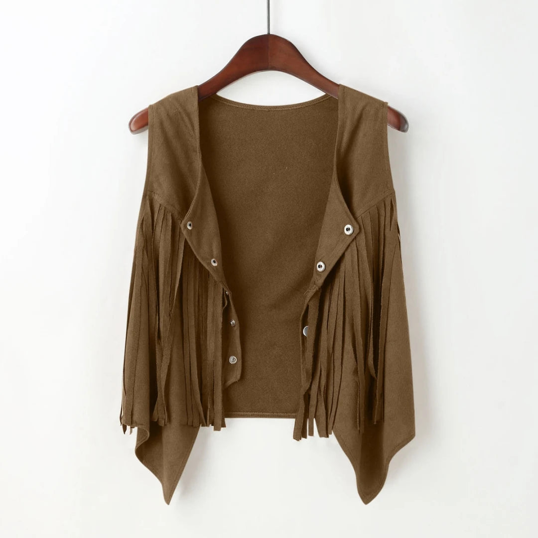 Women Faux Suede Ethnic Sleeveless For Jacket Rivet Fringe Tassels Hippie Open Front Cardigan Vintage Cowgirl Waistcoat Vest