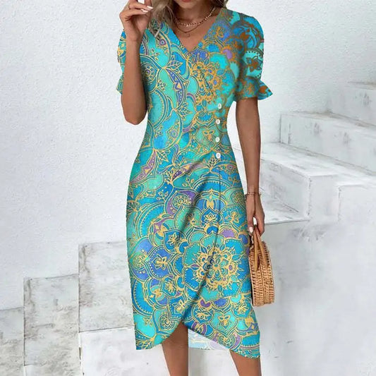 Women's Skirt Elegant Floral Printed Summer Midi Button Split Puff Sleeves Short Sleeves V-neck For Personality Streetwear Dress