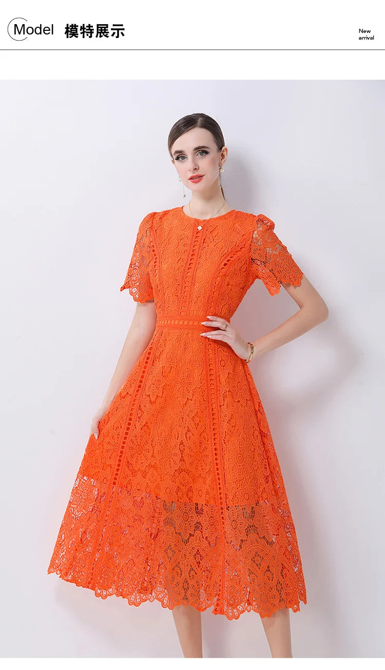 SMTHMA Vintage High-End O-Neck Short Sleeve Lace Hollow Out Dress For Women's Summer Slim Elegant Long Dress Female Clothing