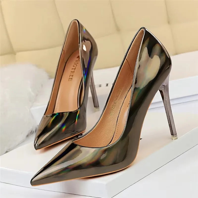 2026 Women 10.5cm High Heels Blue Green Valentine Pumps Luxury Glossy Stripper Stiletto Wedding Bridal Fetish Shoes Plus Size 43
