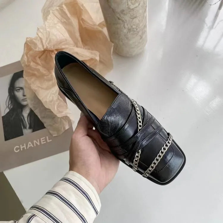 Dilalula 2025 Luxury Genuine Leather Loafers Womens Autum Spring Low Thick Heels Chain Pumps Female Leisure Natural Leather