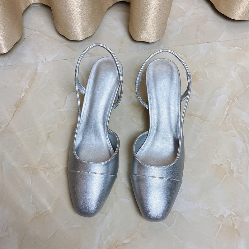 2023Spring Autumn Fashion High Heels Sandals Women's Dress Square Toe Slingback Shoes Women's Color Block Back With Flat Sandals