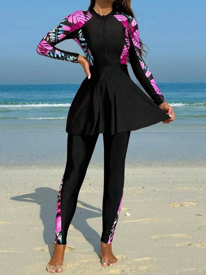 Burkini Femmes Swimwear Long Sleeve Black Tunic Swimsuit Full Leggings Front Zipper Swimming Suit Sun Protection Two Piece