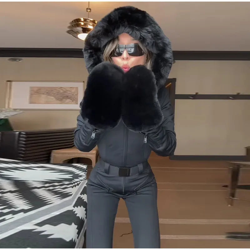 Women  Fur Collar Hooded Skiwear Fashion Solid Thicken Zipper High Waist Slim Outdoor Overalls Jumpsuit  Lady Winter Outwear