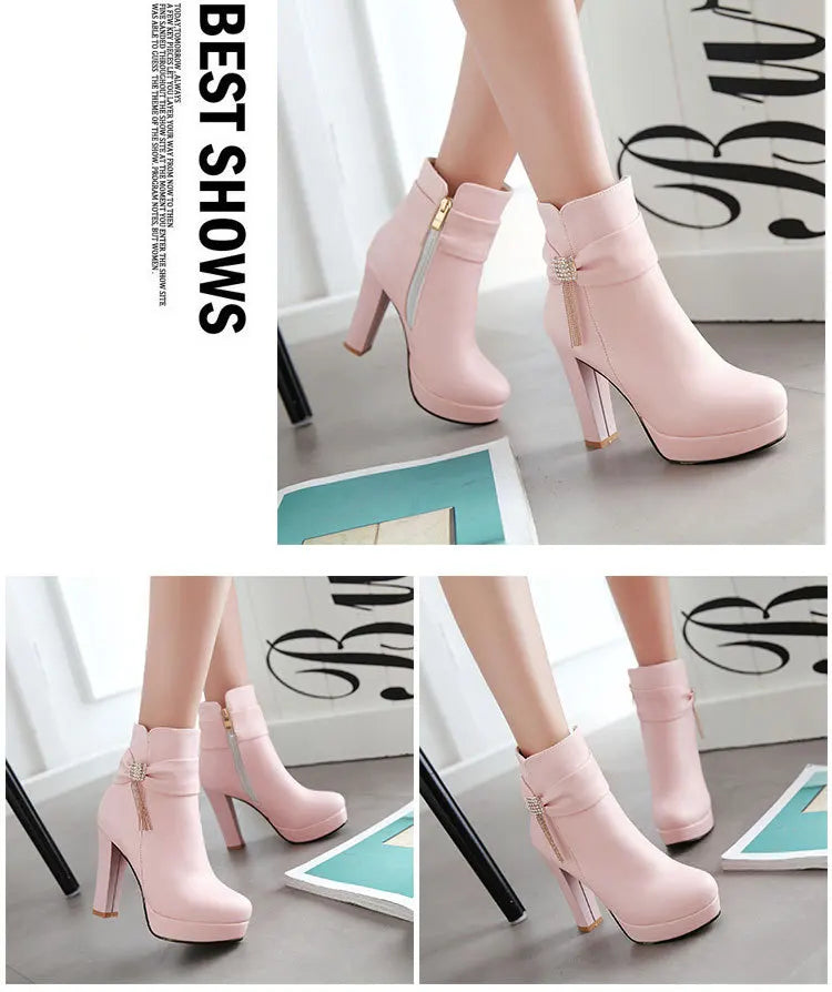 Brand Ankle Boots For Women Platform Fashion High Heel Short Boot Large Size Zipper Autumn Winter Black White Pink Women Shoes