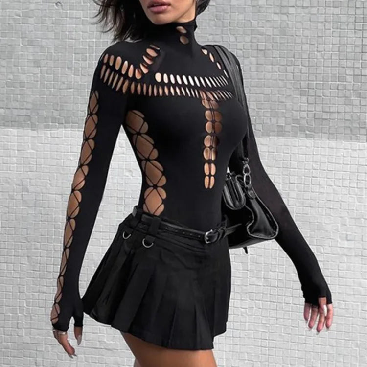 Sexy Streetwear Slanted Shoulder Hollow Sleeveless Jumpsuit Hot Girls Tight Fitting Slimming Bottom Jumpsuit Punk Personality