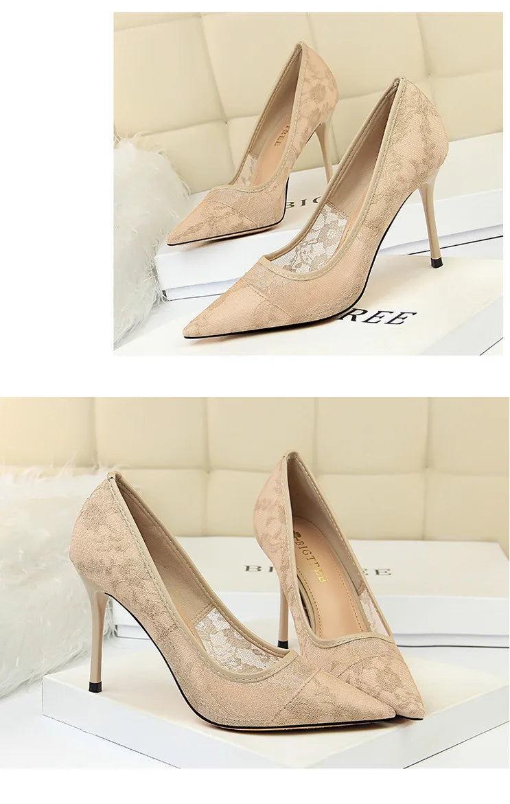 Women Fashion Sexy Pumps High Heels Shoes Female Sexy Wedding Shoes Ladies Stiletto Women New Pointed Toe Mesh Hollow Lace Heels