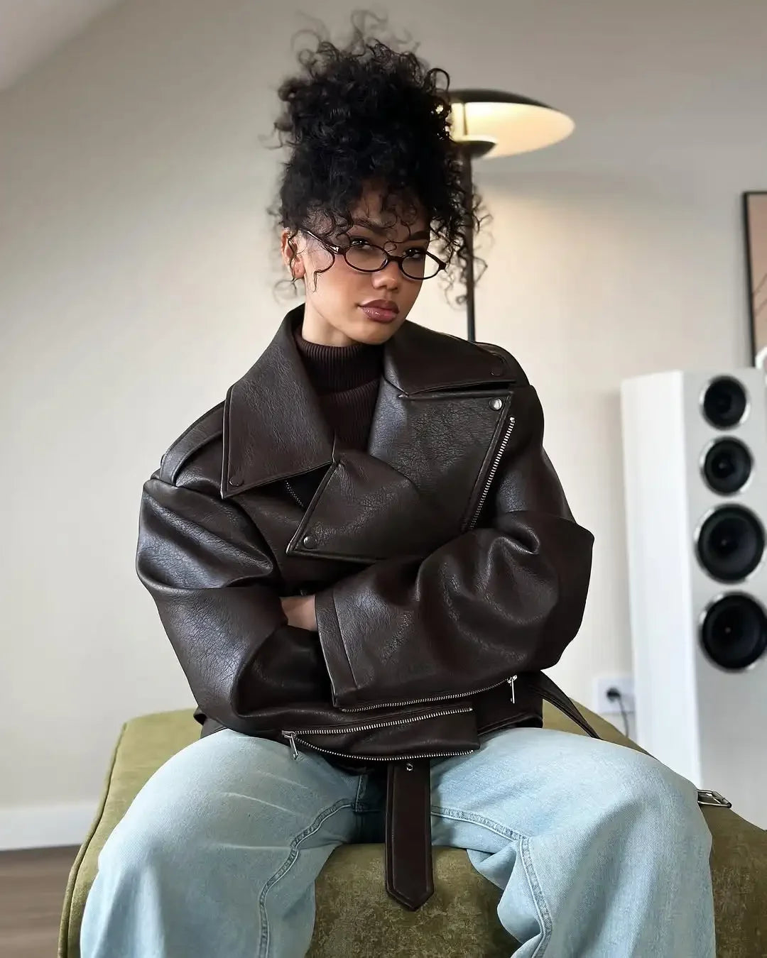 Casual Dark Red  Zipper Leather Short Jackets Women Long Sleeve Lace Up Lapel Loose Button Coat Lady Daily High Street Wear 2026