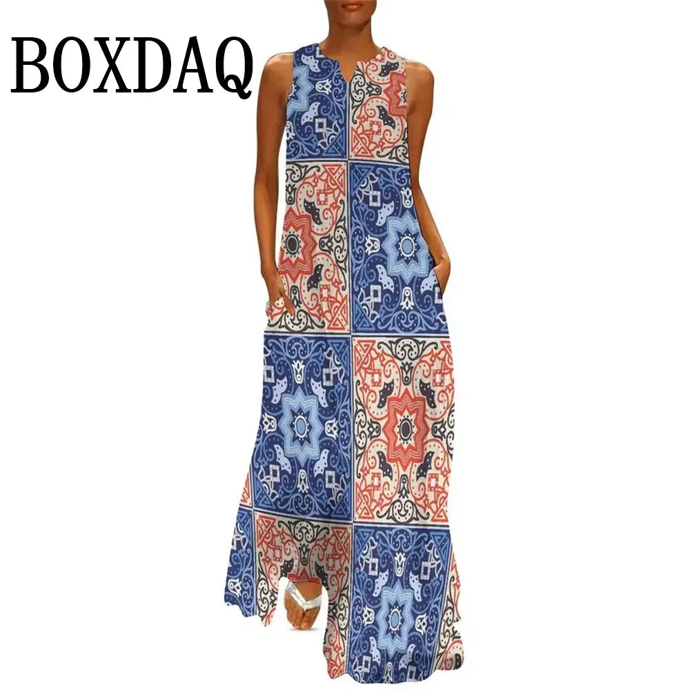 African Ethnic 3D Print Dress Summer Women Street Style Casual Sleeveless Long Dresses Women Loose Sundress Vintage Maxi Dresses