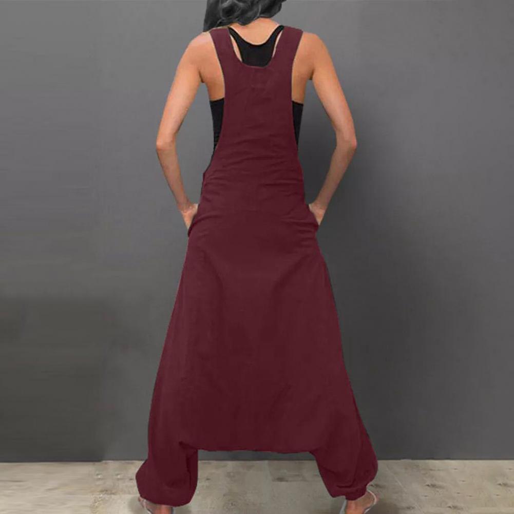 Women Summer Loose Thin Jumpsuits Harem Pants Wide Leg Pants Sleeveless Pockets Bib Jumpsuit Siamese Trousers Large Size S-5XL