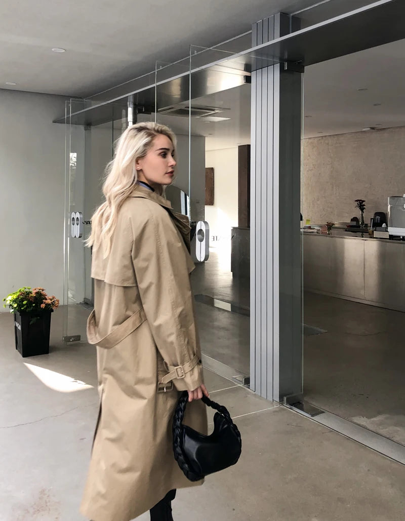 UK Brand new Fashion 2024 Fall /Autumn Casual Double breasted Simple Classic Long Trench coat with belt Chic Female windbreaker
