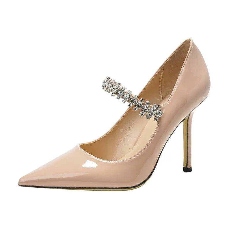 Spring 2025 New French Rhinestone Pointed White High Heels Temperament Patent Leather Shoes Women Wedding Pumps