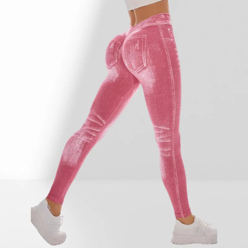 Women V Back Faux Denim Leggings For Gym Workout Athletic Yoga Pants Seamless