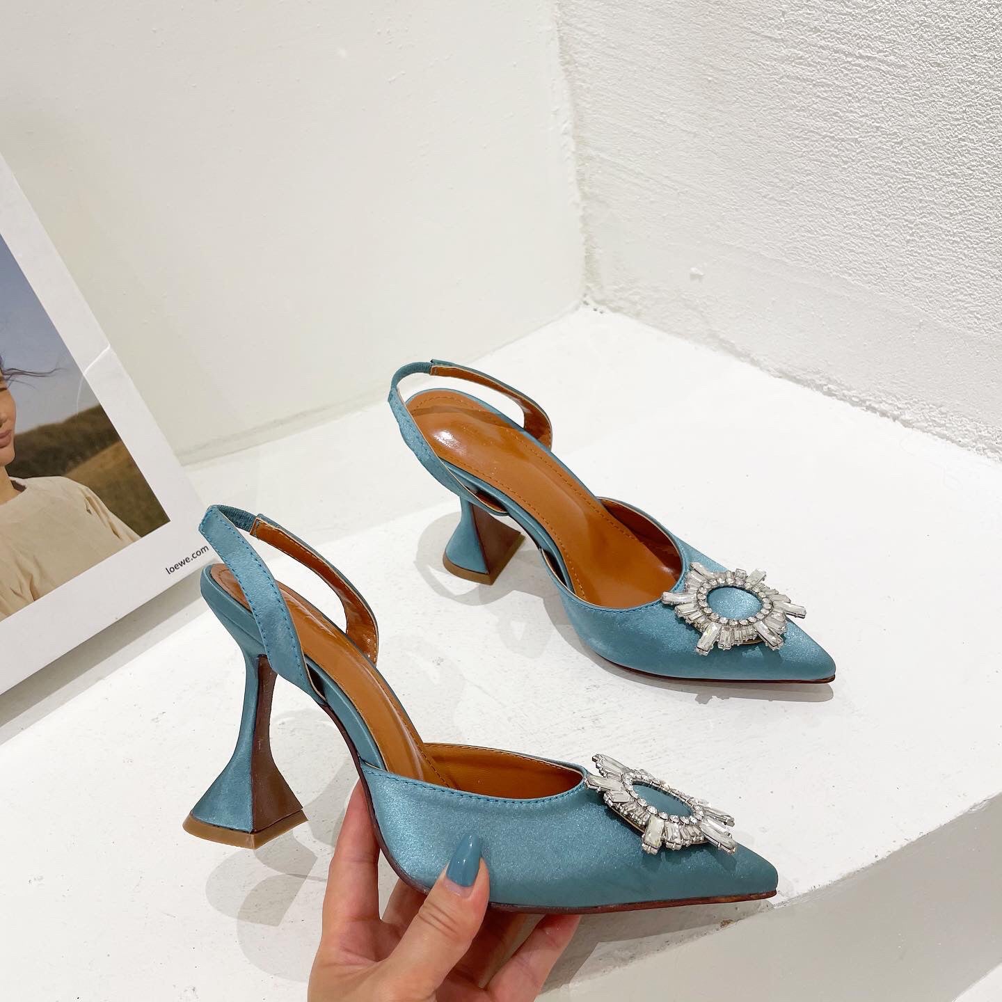 Large 43 Blue Women's High Heels Silk Satin Pointed Toe Rhinestone Crystal Heels Slip on Women's Wedding High Heels Sandals 2026