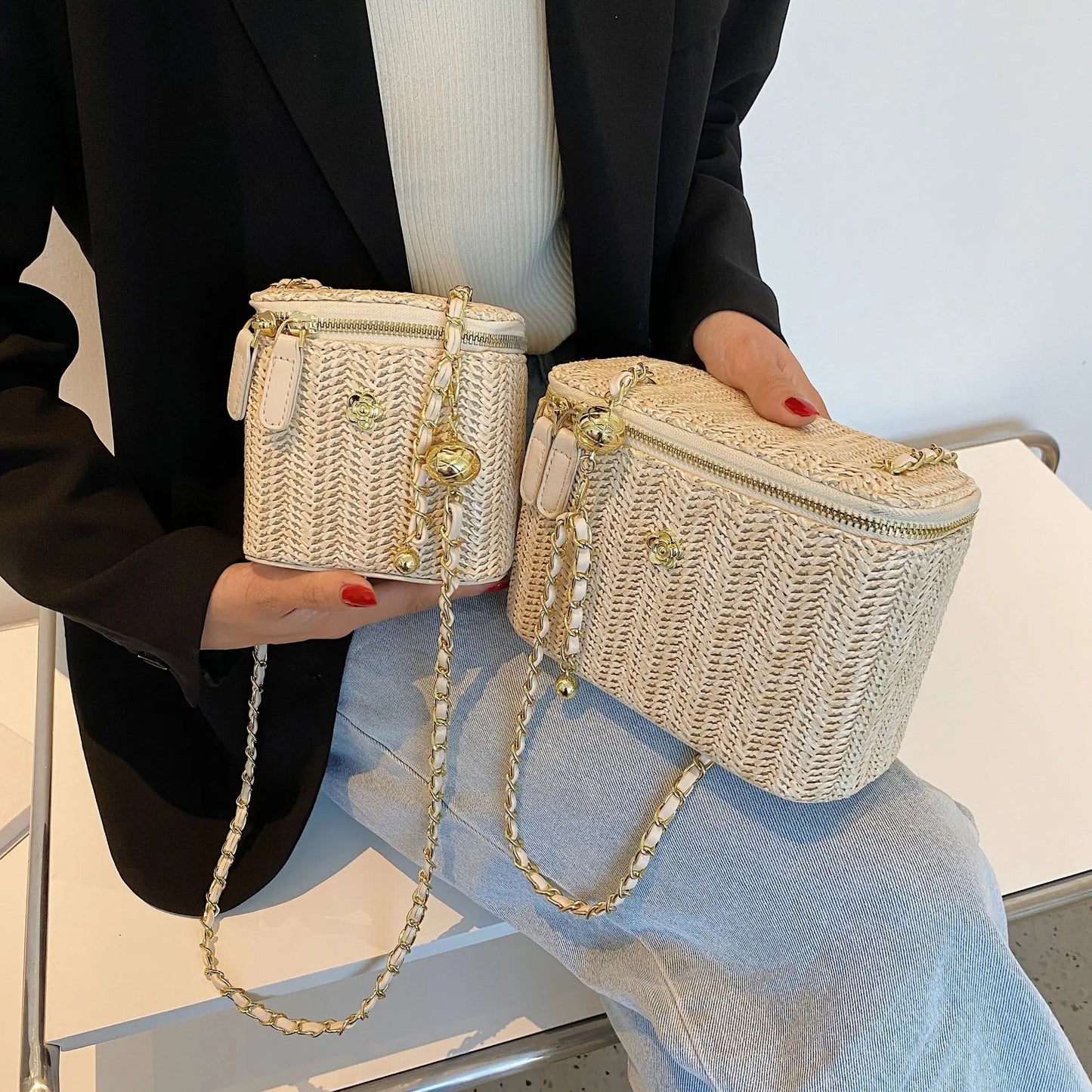 2023 Mini Straw Bucket Crossbody bag For Women Summer Weave Women's Brand Handbags And Purses Fashion Chain Simple Shoulder Bags