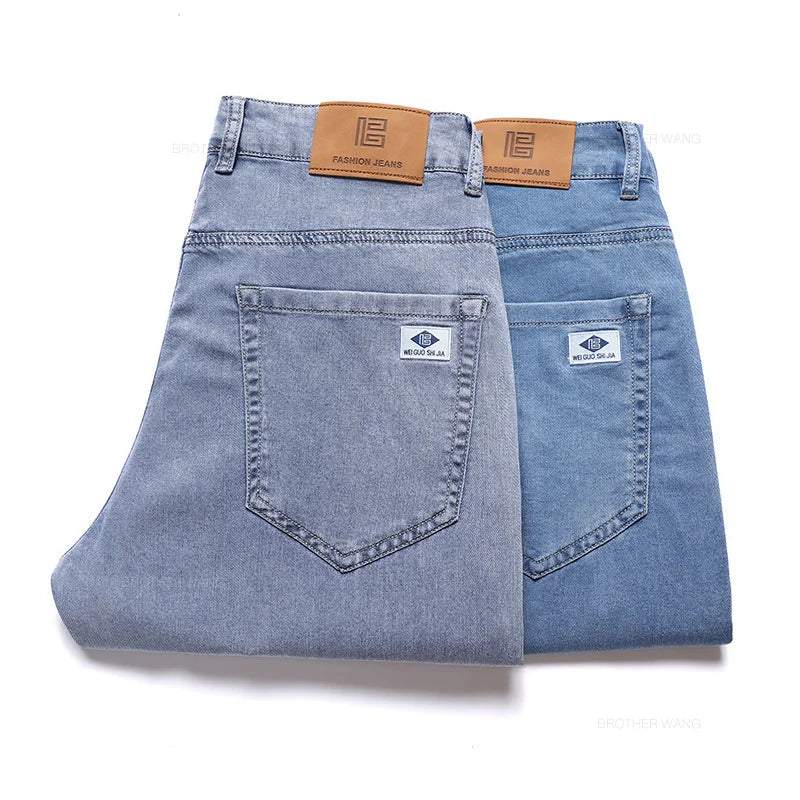 Lyocell Ice Silk Jeans Men's Summer Ultra-thin Loose Straight Denim Pants Soft Comfortable Brand Male Light Blue Trousers