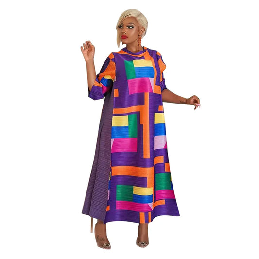African Dresses for Women Summer Fashion Style African 3/4 Sleeve Polyester O-neck Pleated Dress Dashiki African Clothes Women