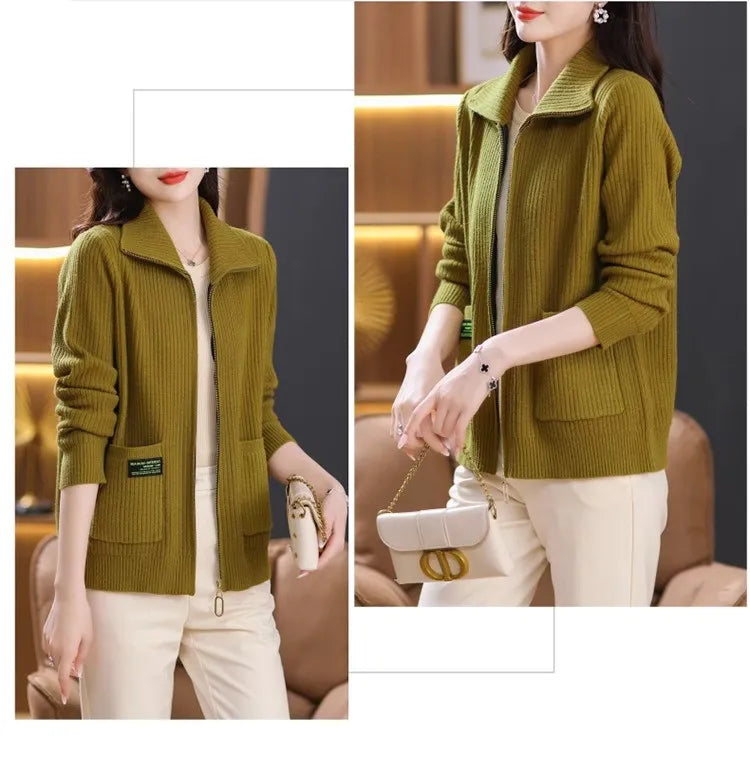 Knitted Cardigan Jacket Women Zipper Lapel Sweater Autumn Winter Outerwear