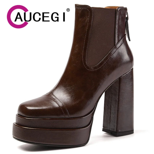 Aucegi Women Genuine Leather Back Zipper Ankle Boots Fashion Square Toe Platform Thick High Heels Party All Match Casual Shoes