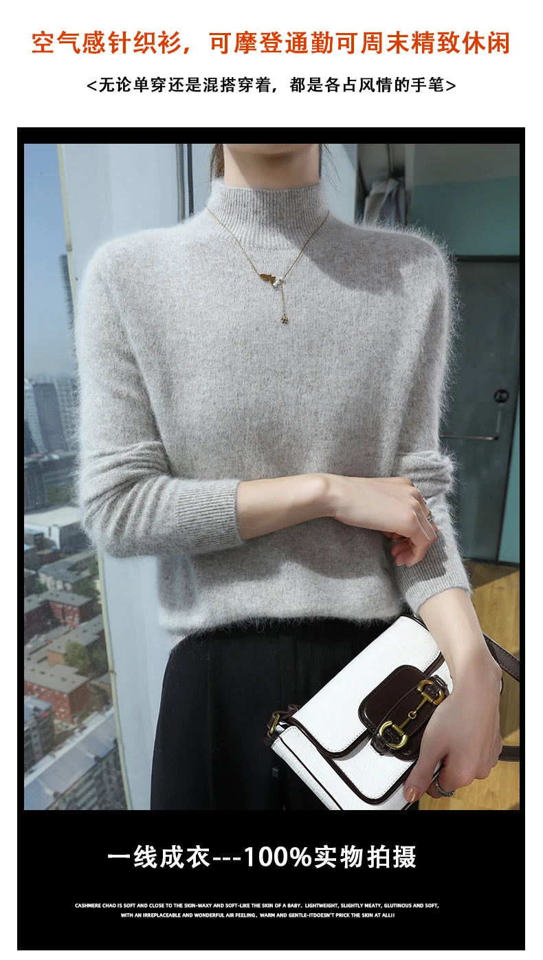 2024 Autumn And Winter New Women's Semi High Neck New Fashion Mink Sweater Long Sleeved Loose Sweater Slimming Knit Sweater Base