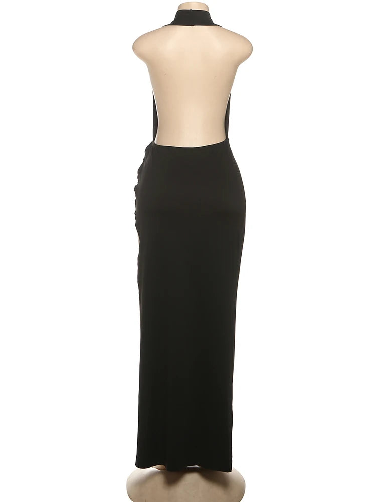 Weird Puss Backless Halter Dress Women Deep V Neck Sleeveless High Slit Hem