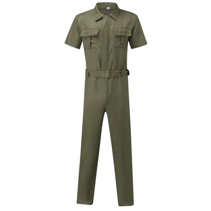 Multi-pocket Overalls Men's Jumpsuits Short Sleeves Trousers Suits Zippered Jumpsuits Men's Overalls Belted Jumpsuits