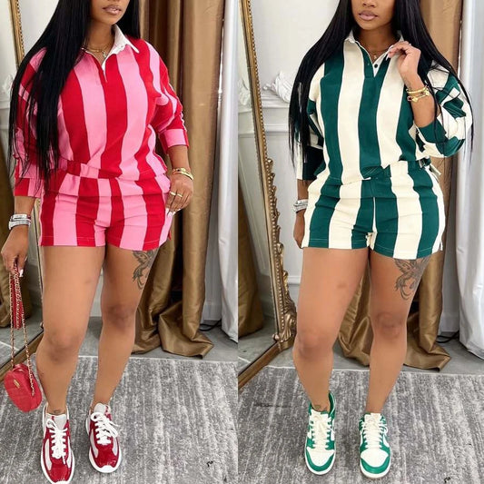 Shorts Pant Set Women Two Piece Sets Short Sleeve Matching Sets Striped Top High Waist Pants Suit Casual Y2k Streetwear Jogger