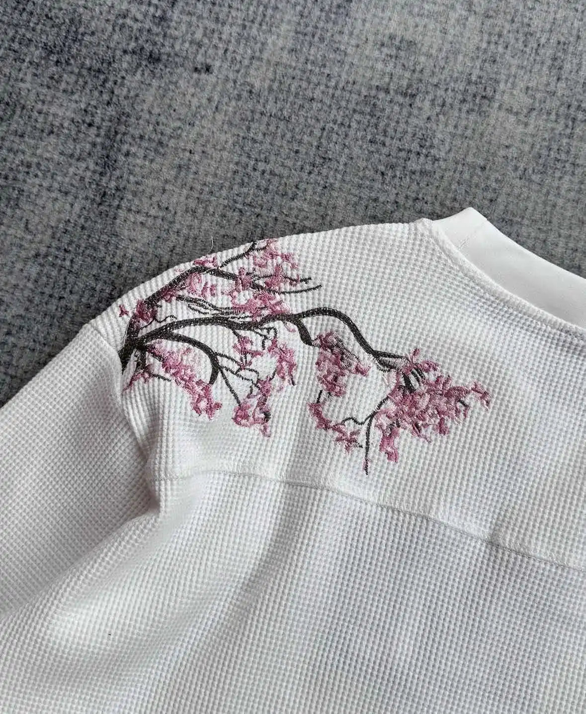 Deeptown White Cherry Blossom Embroidery Man Women T-Shirts Long Sleeve Oversized Waffle Tees Basic Harajuku Casual Streetwear