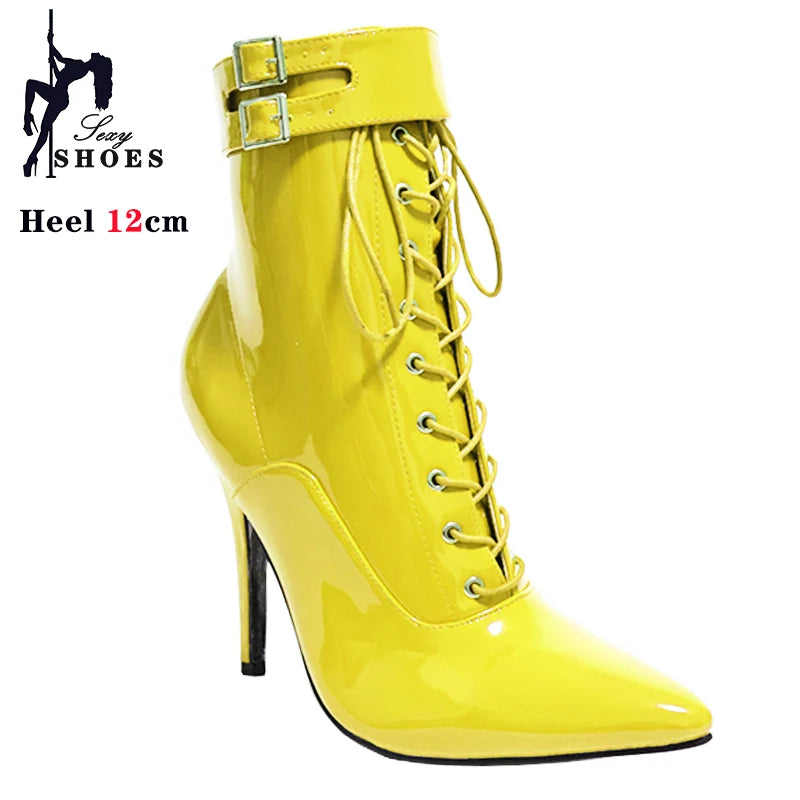 Cross-tied Pink Pointed Toe Ankle Boots 12cm Sexy Fetish Stripper Shoes Patent Leather ZIP Short Boots Women Heels Plus Size 46