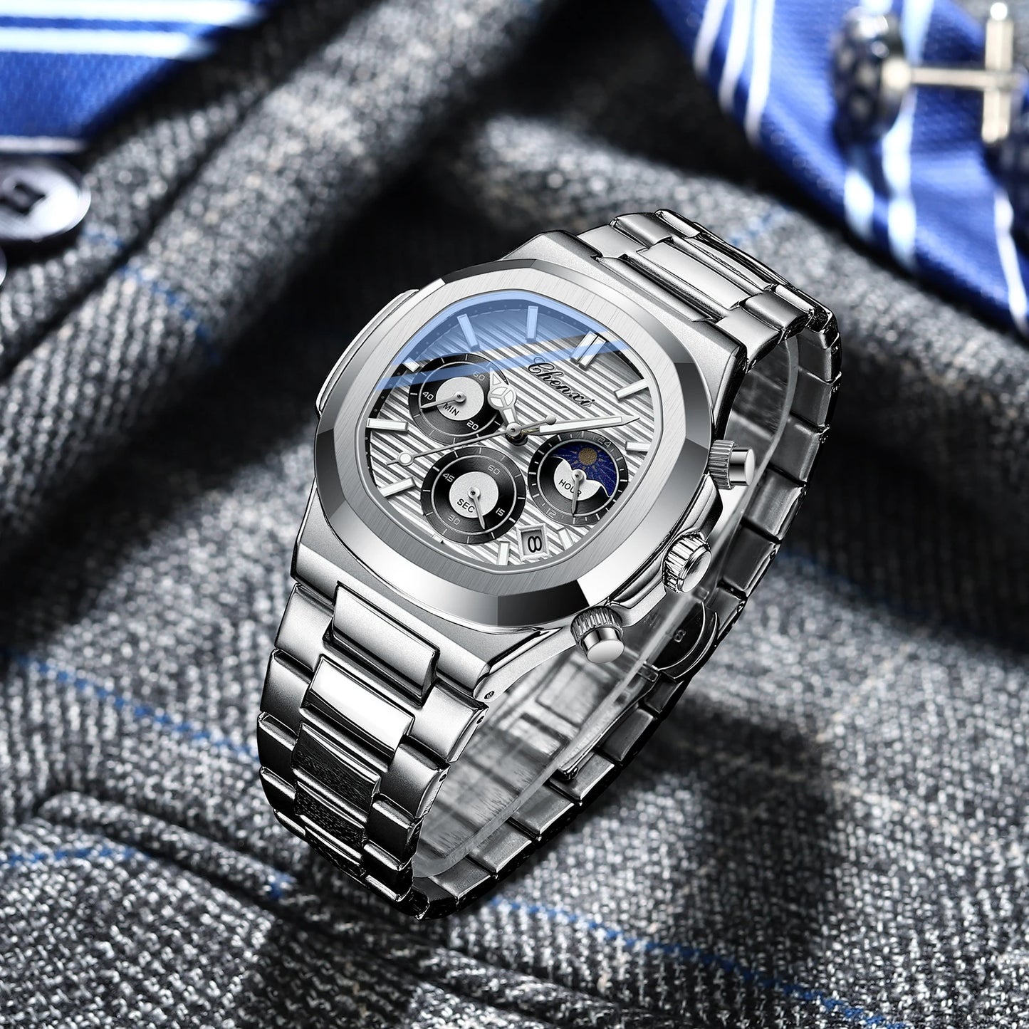 CHENXI Fashion Luxury Men's Watches Stainless Steel Quartz Movement Waterproof Calendar Moon Phase Chronograph Watch for Men