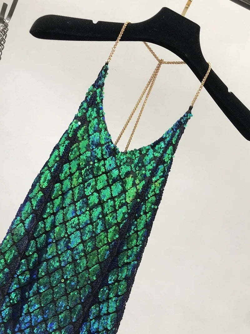 Sexy Dresses Party Night Club Dress 2020 Dress Summer Metal Hanging Neck Sequins Backless Holiday Skirt with Shoulder-straps