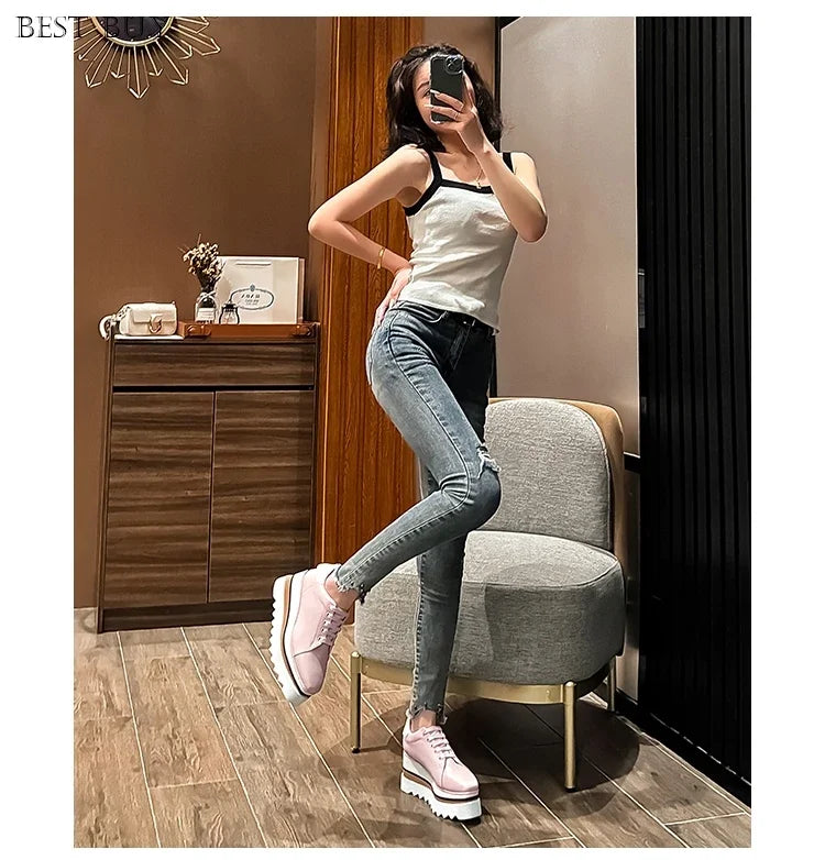 New beige Women Platform Casual Shoes 2024 Spring Black Casual Chunky Sneakers Women Real Leather White Height Increasing Shoes