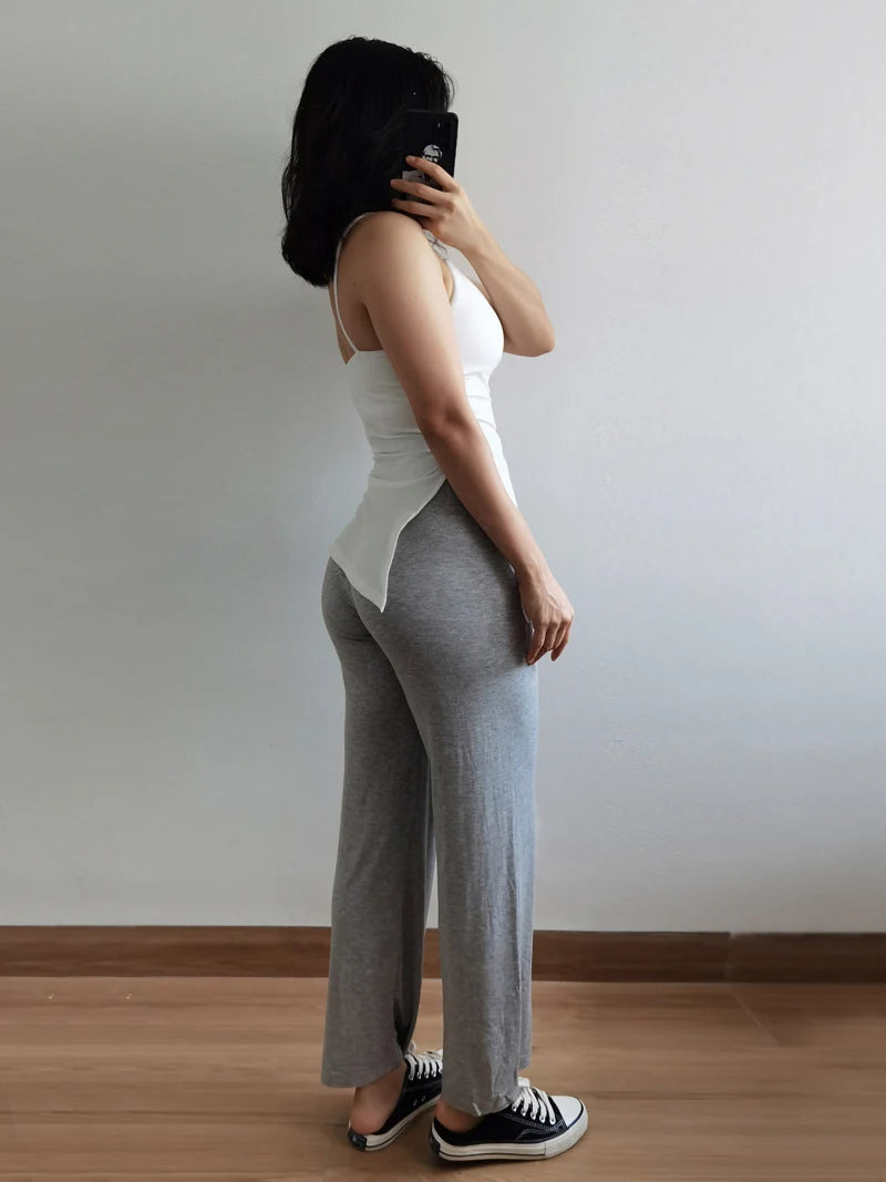 BIVIGAOS Summer Drawstring Ultra-thin Modal Wide Leg Pants Women High Waist Drape Casual Sport Pants Gray Sunscreen Fitness Pant
