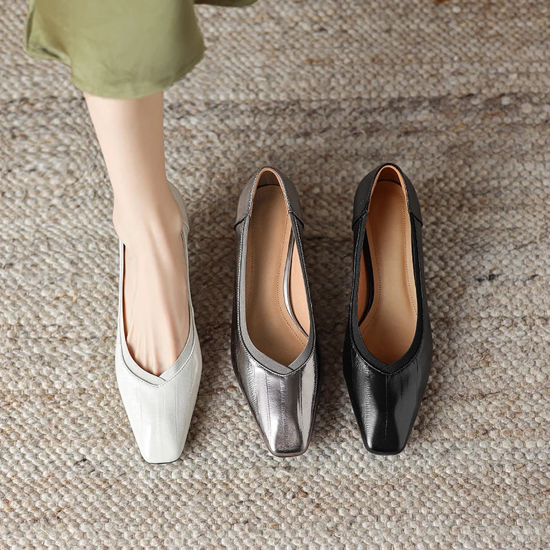 【JOCHEBED HU】Brand Genuine Leather Square Toe Women Pumps Slip Mid Heels Solid Color Dress Party Spring Autumn Shoes Handmade