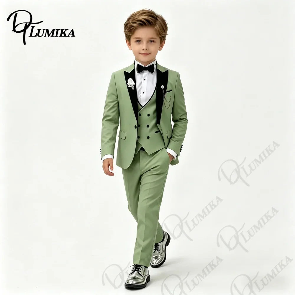 Boys Wedding Suit Jacket Vest Pants with Bowtie Tie Peak Lapel Kids Formal Tuxedo for Party Stage Prom Graduation Dress Outfit
