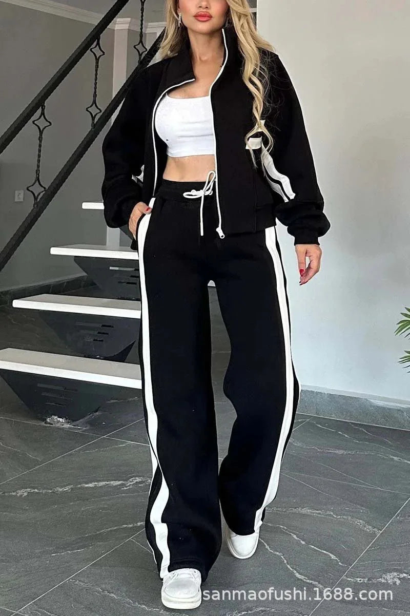 Y2K Striped Zipper Coat+sweatpants Two Piece Set Women Casual Batwing Sleeve Sports Jacket Outfits Autumn Winter Sweatshirt Suit