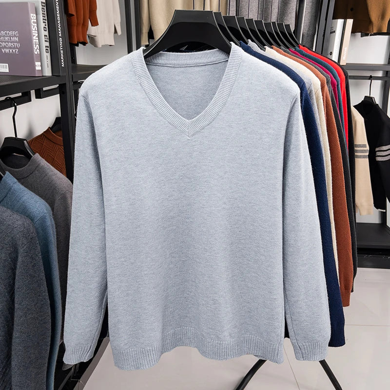 2026 Men's V-Neck Basic Solid Color Sweatshirt Warm Autumn Knitted Oversize Pullover Elastic round Neck Sweater for Casual Wear BAZAARHUBO