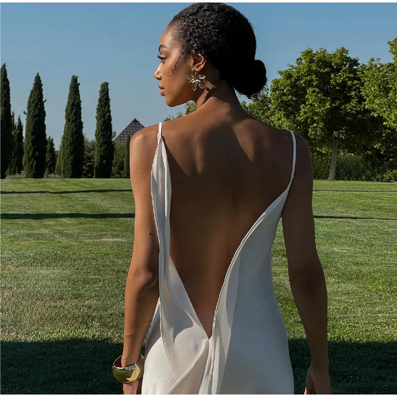 Sexy Backless Satin Women's Summer Dress V-neck Sleeveless Backless Slit Beach Sling Sundress 2026 Lady Chic Evening Party Robes