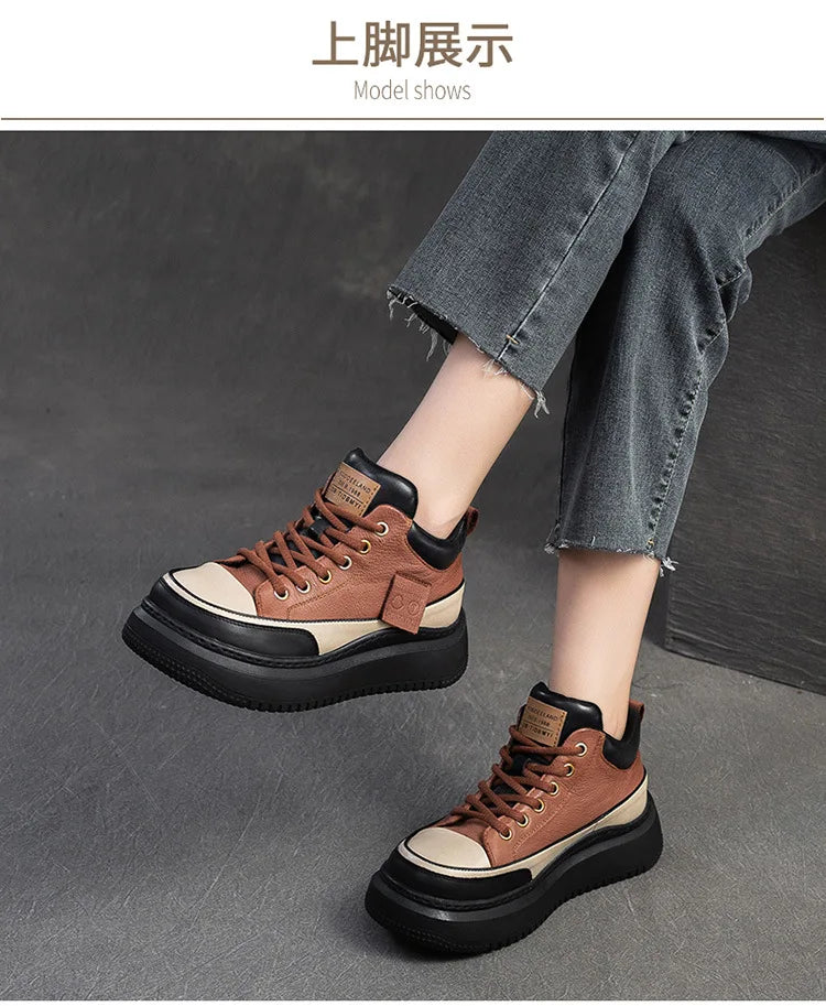 Myjyjz 4.5cm Cow Genuine Leather Women Spring Platform Wedge Flats Chunky Sneakers Lace Up Autumn Loafer Vulcanize Shoes Rubber