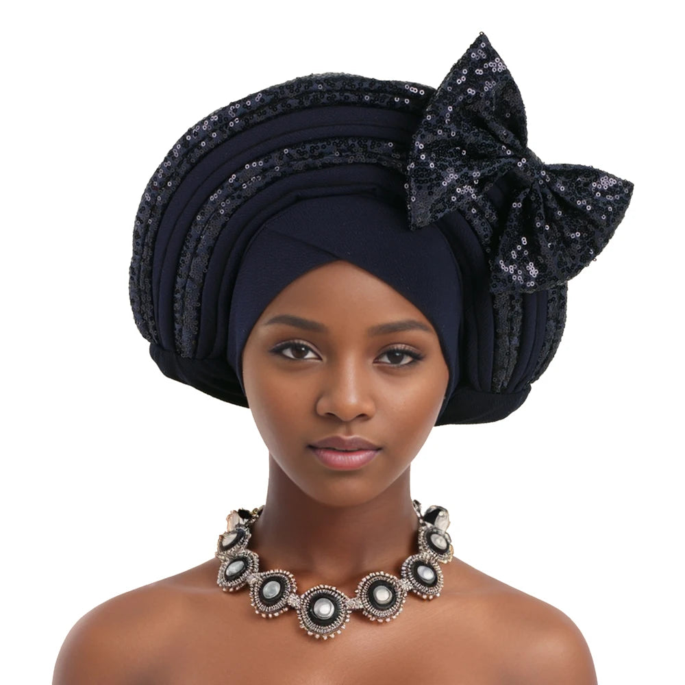 Sweet Bowknot Auto Gele Headtie for Women African Head Wraps Lady Party Headpiece Female Sequins Turban Cap