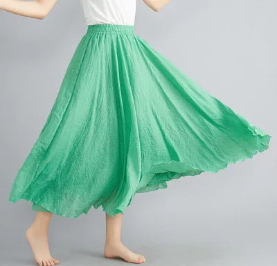 New 2020 Women Linen Cotton Long Elastic Waist Pleated Maxi Skirt Beach Vintage