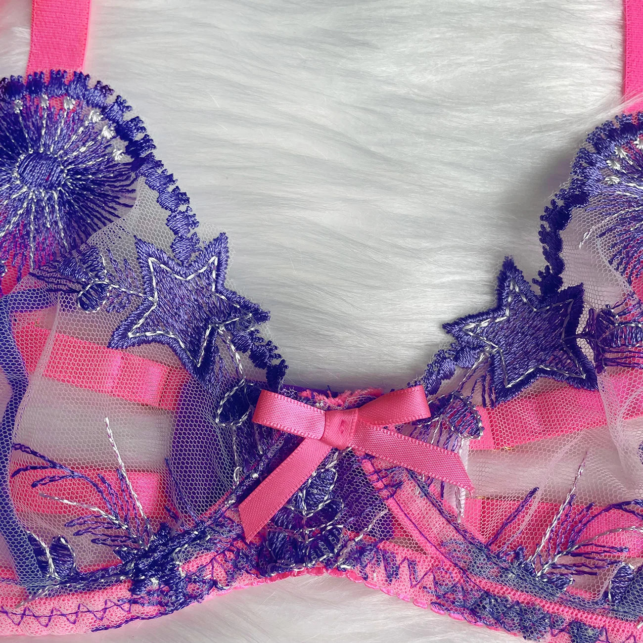 Women's Sexy Lingerie Set Pink Sheer Lace Underwear Set Floral Embroidery Garter Belt Fairy Outfit Sensual See-Through 3-Piece