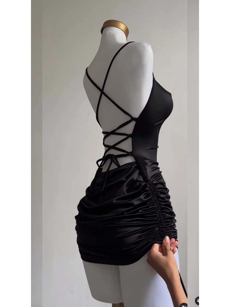 Sexy Sleeveless Backless Bodycon Mini Dress Women Lace Up Party Black Y2K 2025