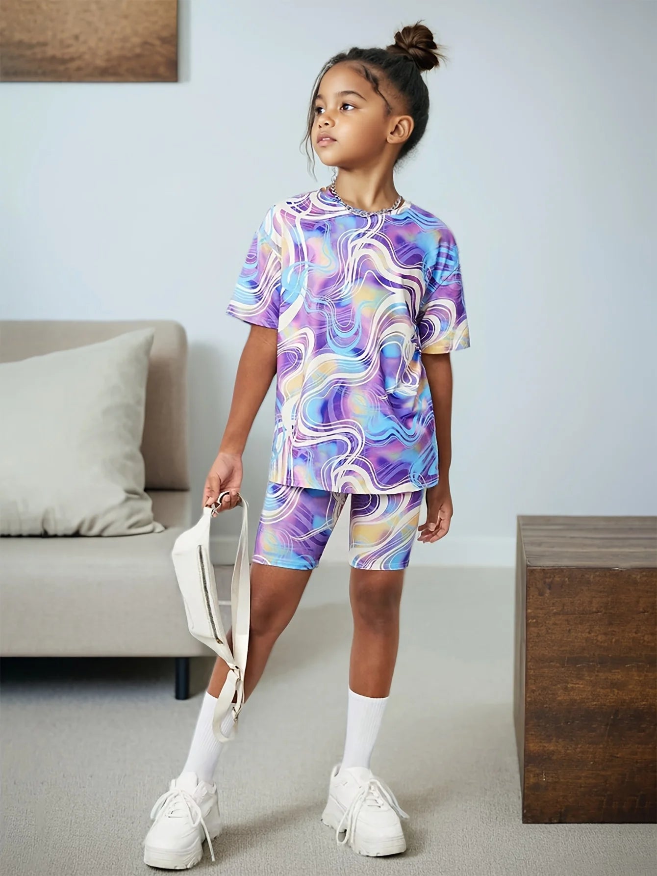 Girls' Casual Outfit Set: Short-Sleeve Top + Tight Shorts Two-Piece Set, Blue and Purple Striped Tie-Dye Print Clothing, Fashionable and Versatile, Suitable for Children Aged 4-11, for Home and Outdoor Wear